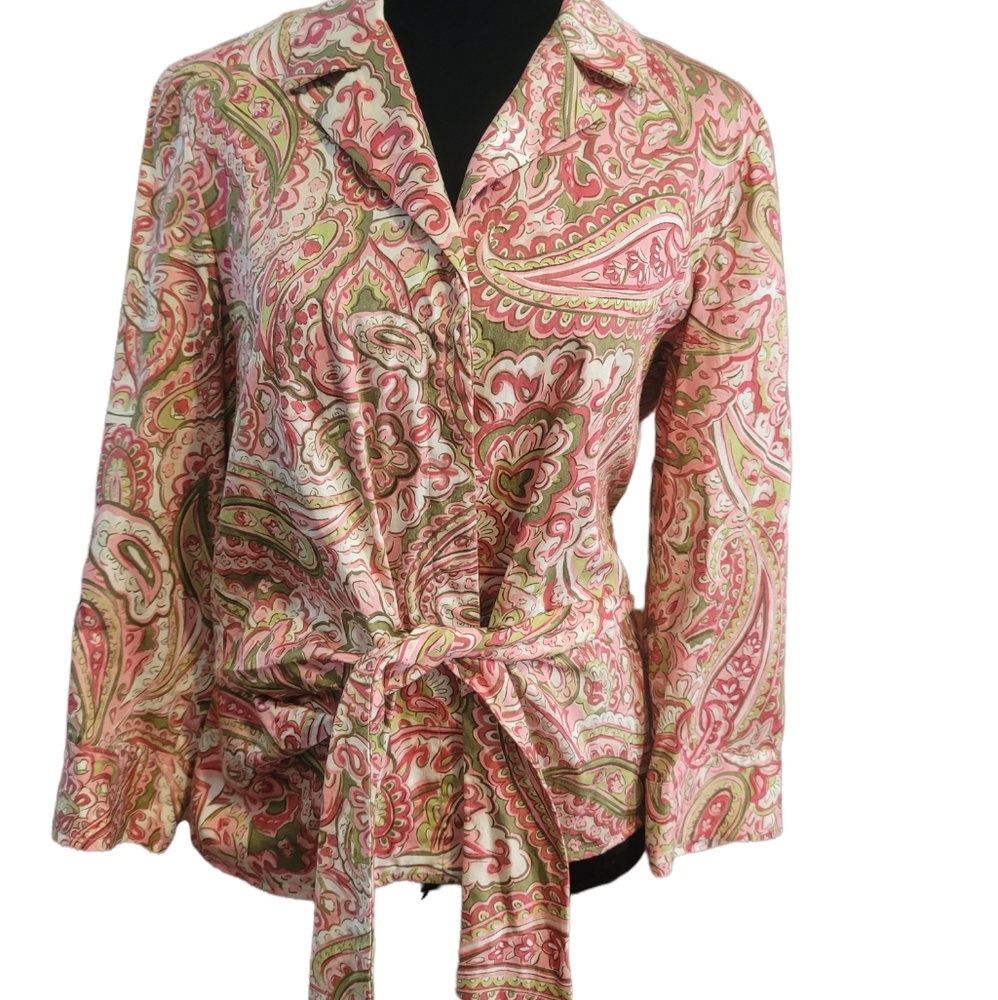 Jones New York Signature Paisley All Cotton Tie Front Blouse Size Medium